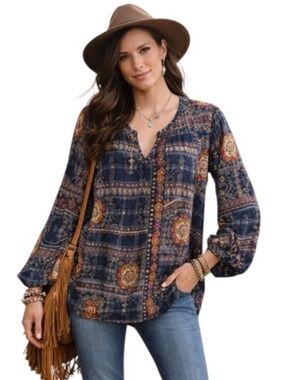 New Directions Navy Boho Medallion Print Smocked  Blouse XL Festival Western